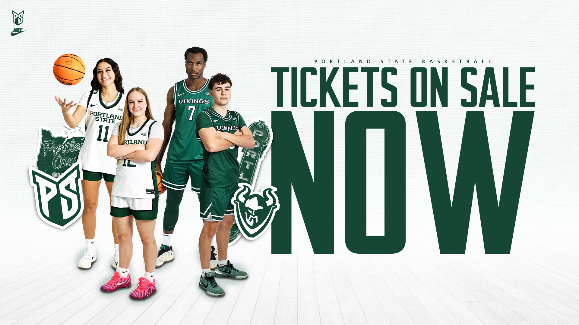 Graphic that says that tickets are on sale now for the upcoming Portland State men's and women's basketball seasons.