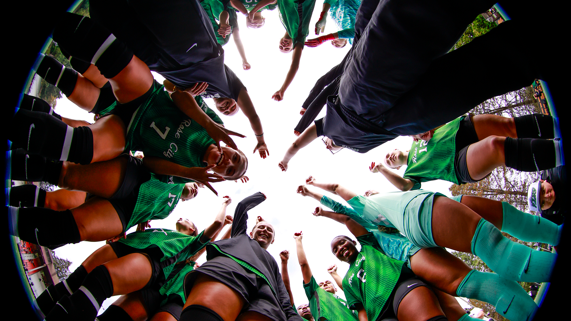 The Portland State women's soccer team huddles together before the start of their match against San Diego.