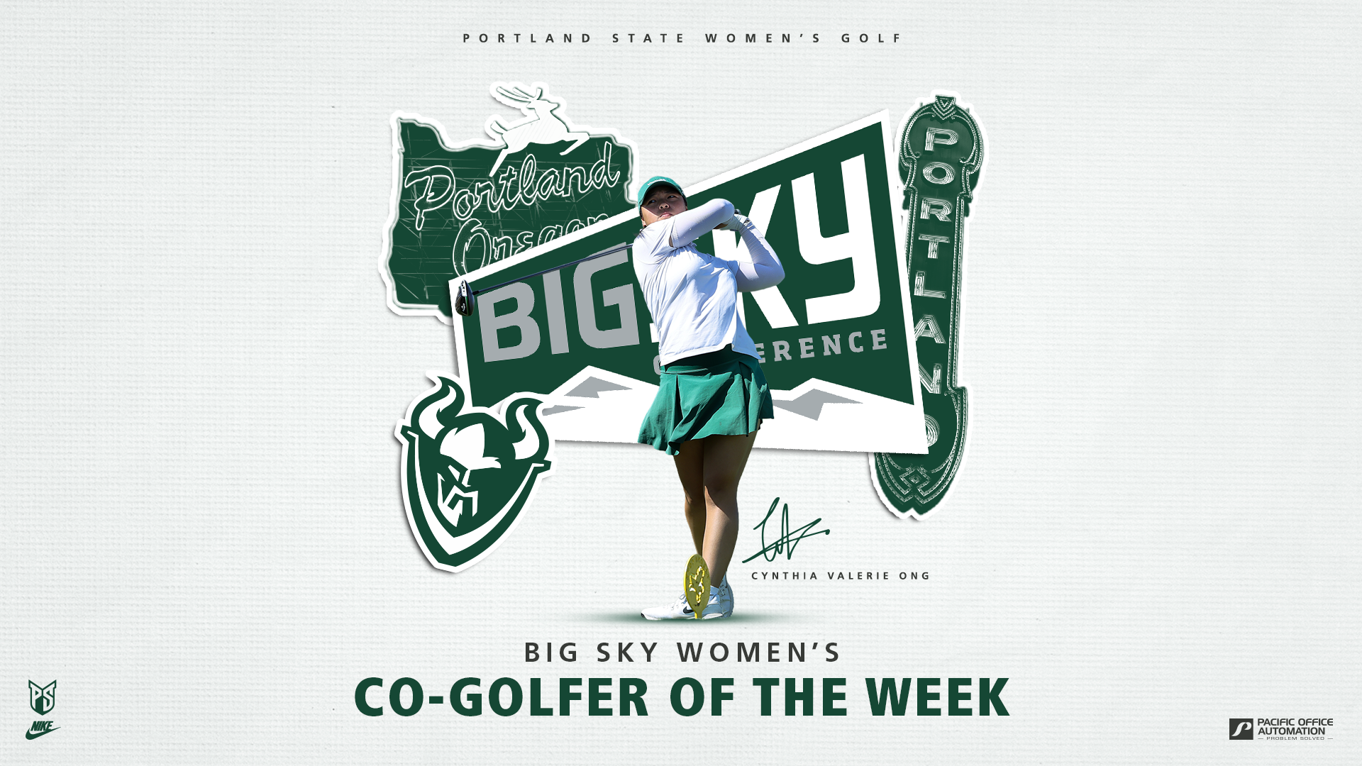 Graphic that says that Portland State's Cynthia Valerie Ong was named Big Sky Co-Golfer of the Week
