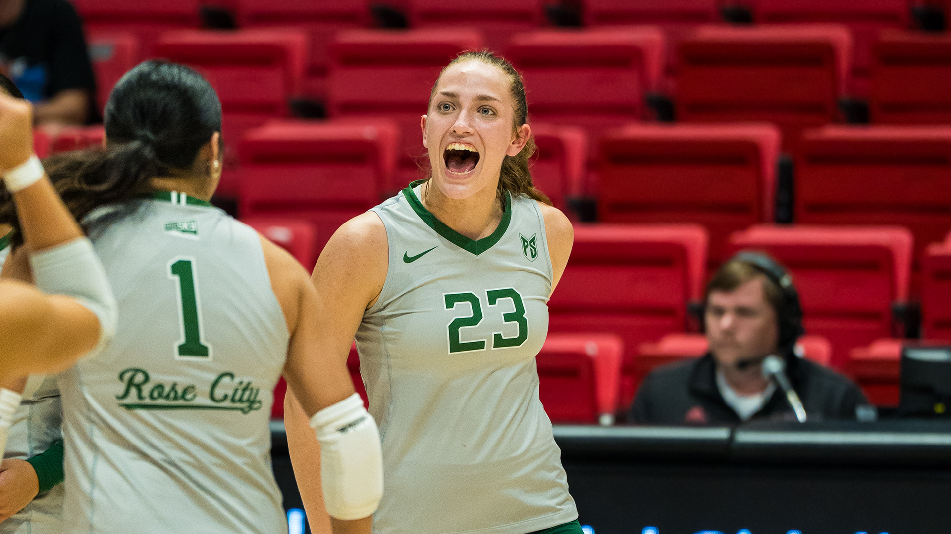 Portland State volleyball palyer Ava Blascziek celebrates a point during the Vikings' trip to the NIU Invitational.