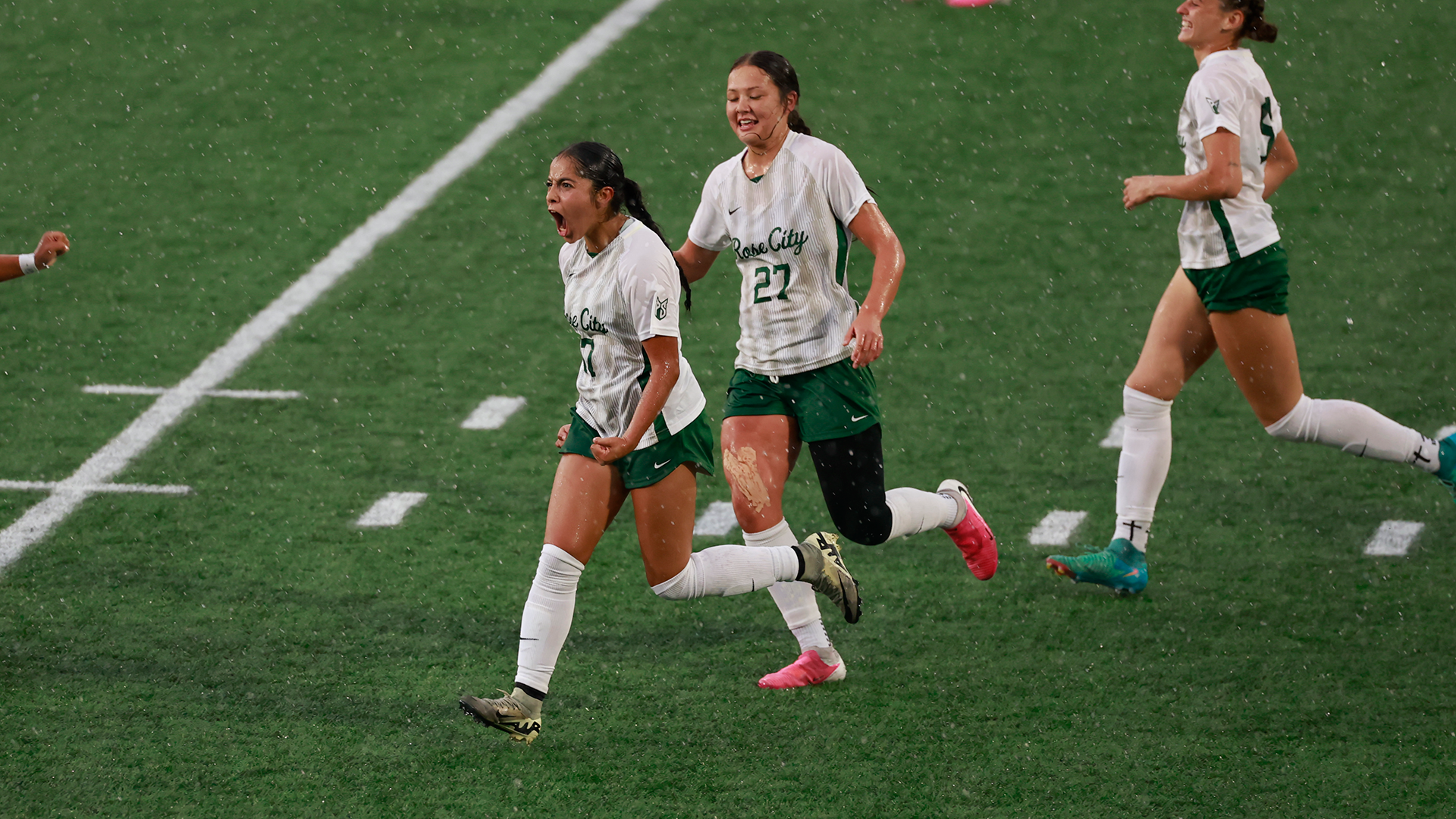 Portland State women's soccer player Camilla Contreras Bran celebrates her first-career goal against Western Oregon.