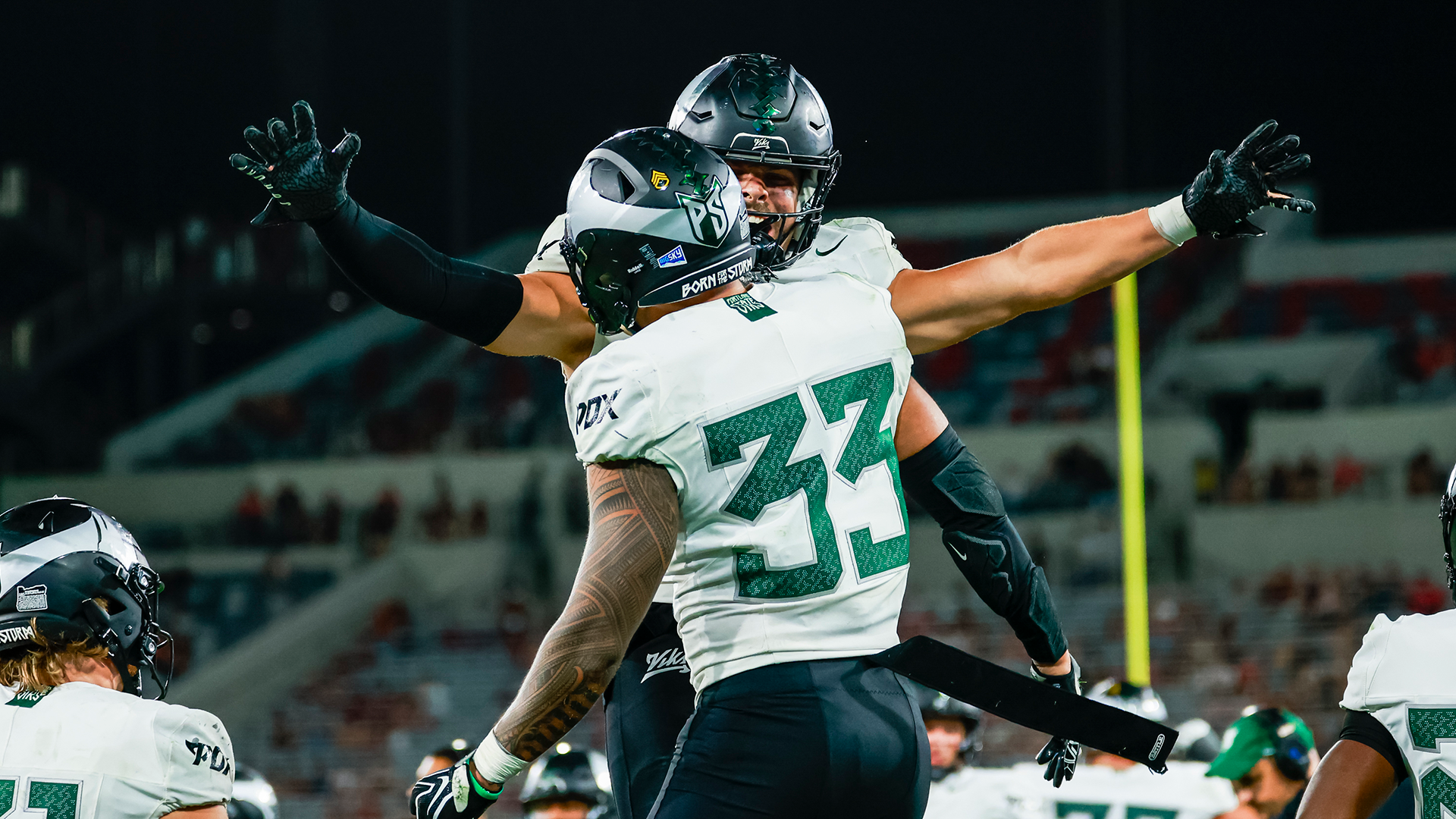 Portland State football player Jonah Henry celebrates a fumble recovery during the Vikings' game at San Diego State.