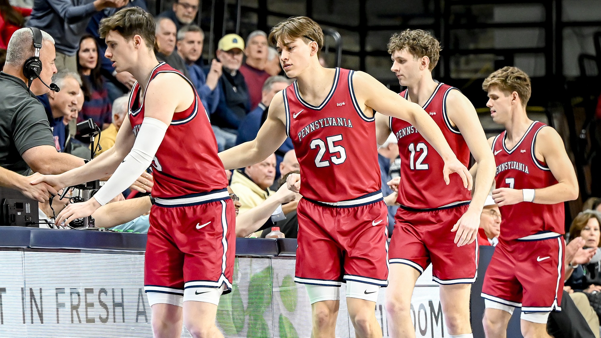 (l-r) Ethan Roberts Augie Gerhart TJ Power Michael Zanoni pregame vs. Harvard 2-28-2026