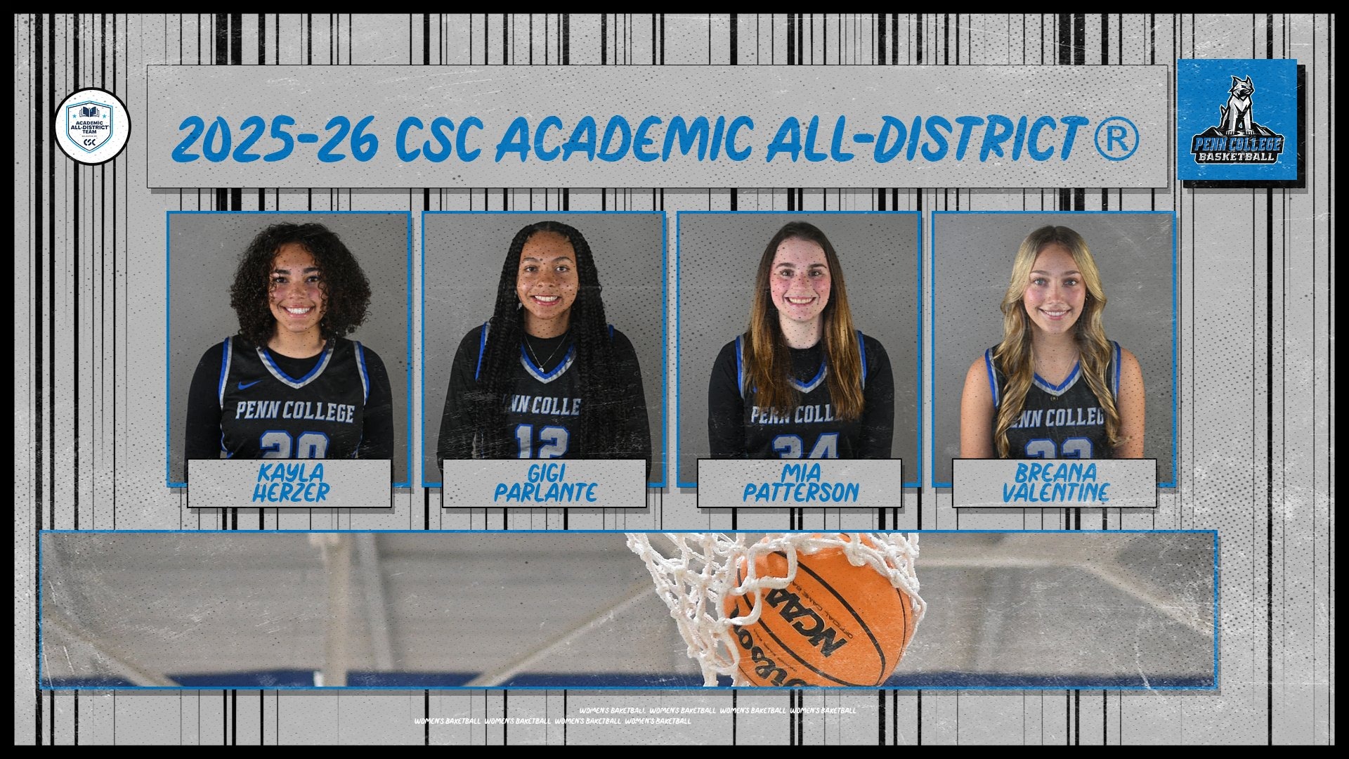Four Penn College women's basketball headshot photos in a college sports communications academic all-district graphic