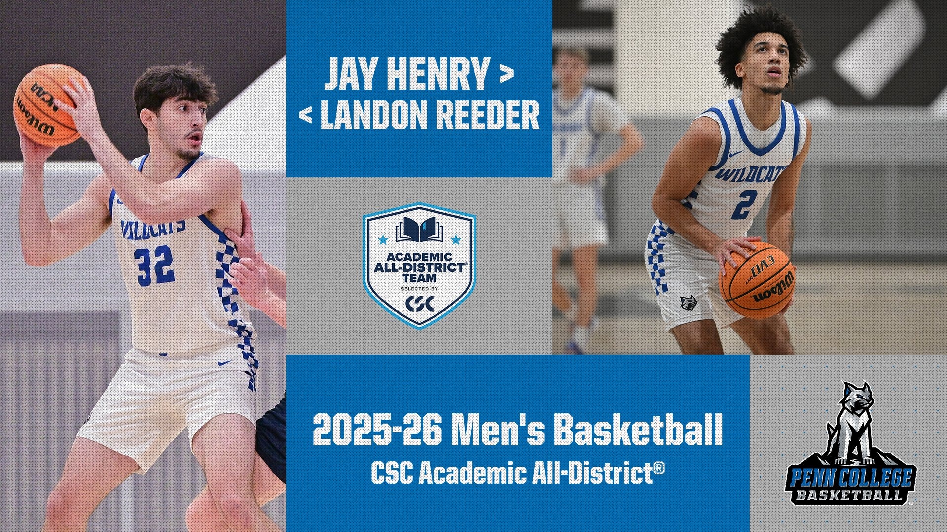 two penn college men's basketball player action photos featured in a college sports communicators academic all-district graphic