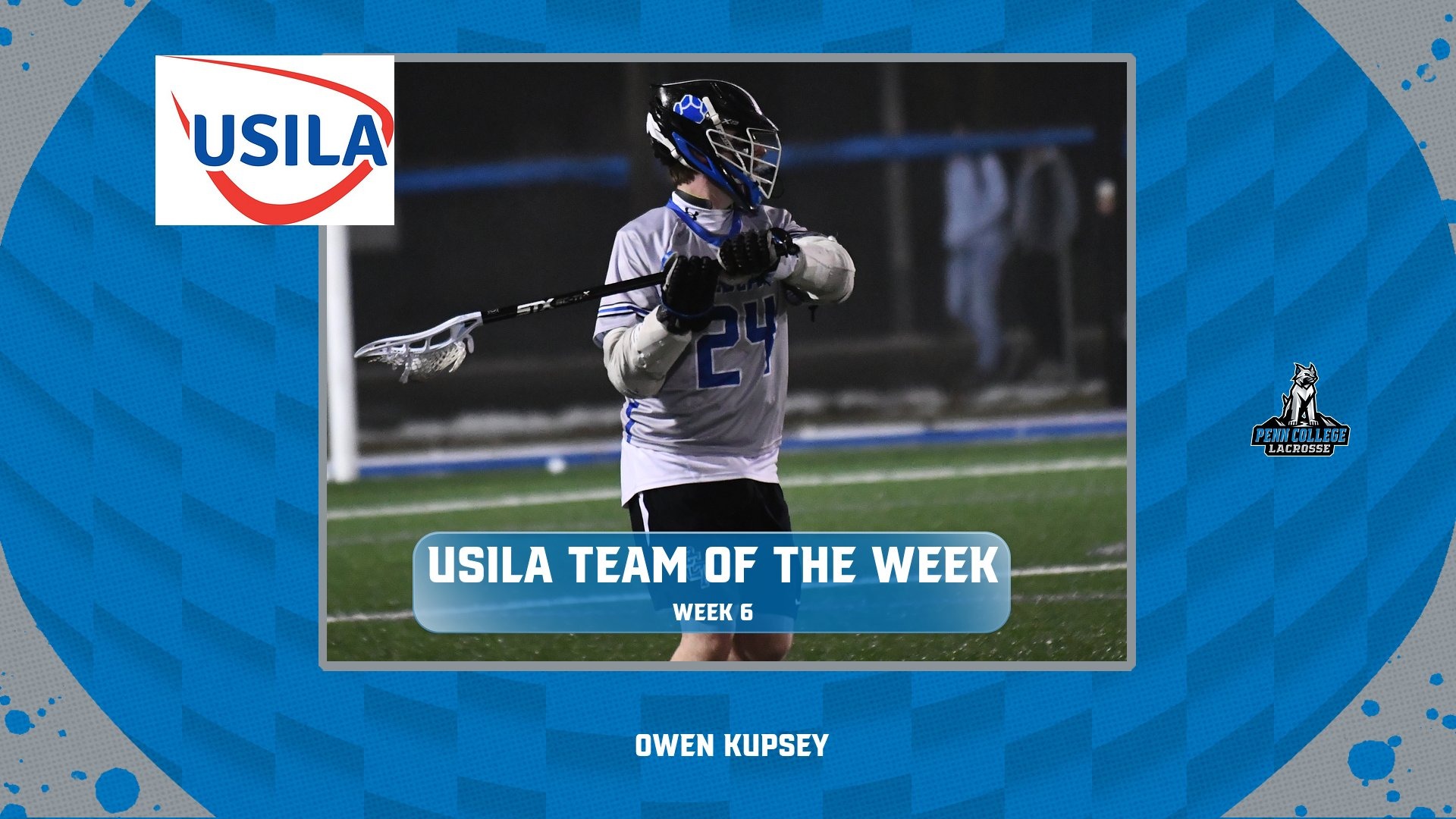 Penn College lacrosse player getting ready for a pass on a USILA LacrosseTeam of the Week  graphic