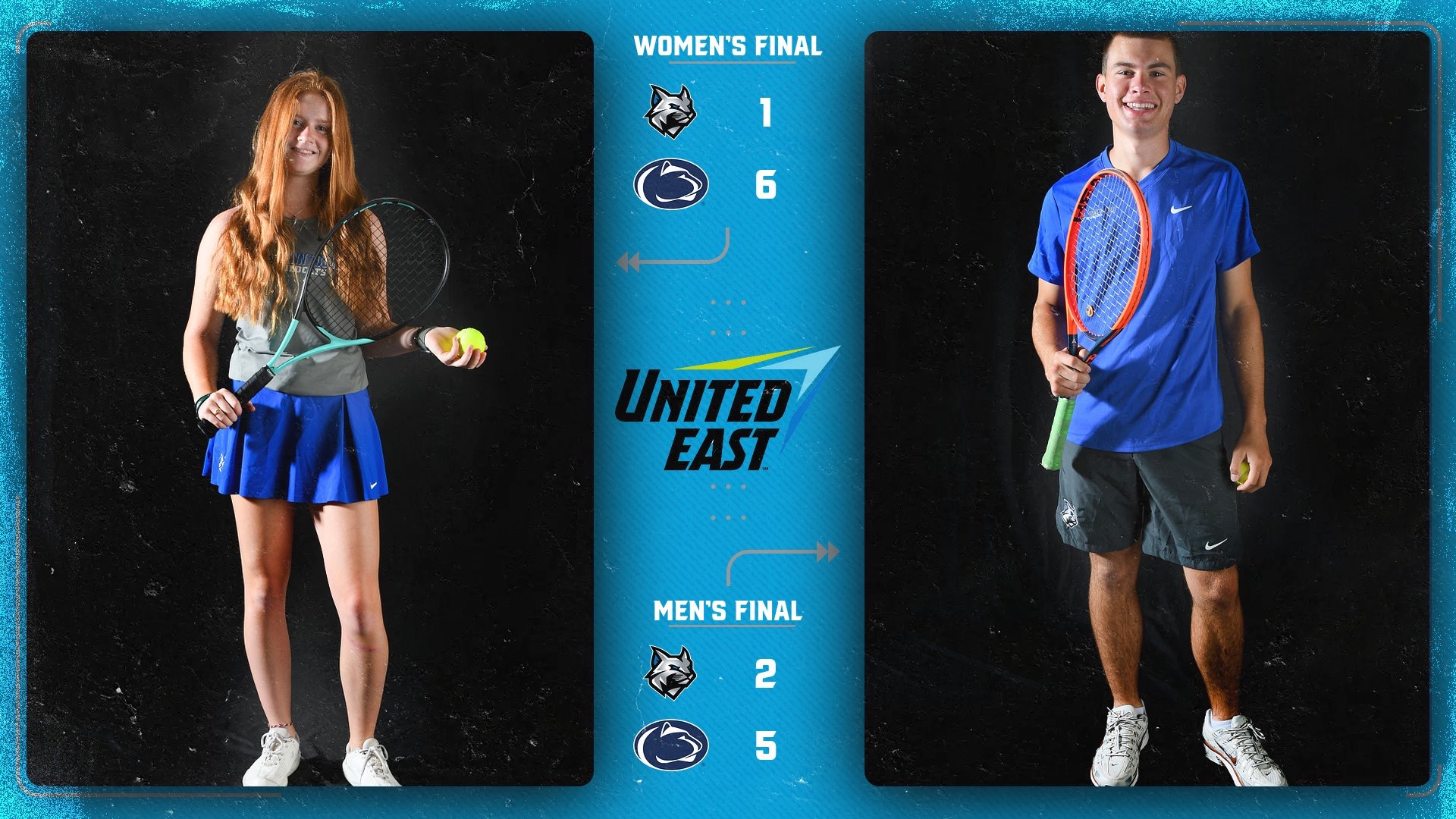 Two Penn college tennis players pose in a final score graphic