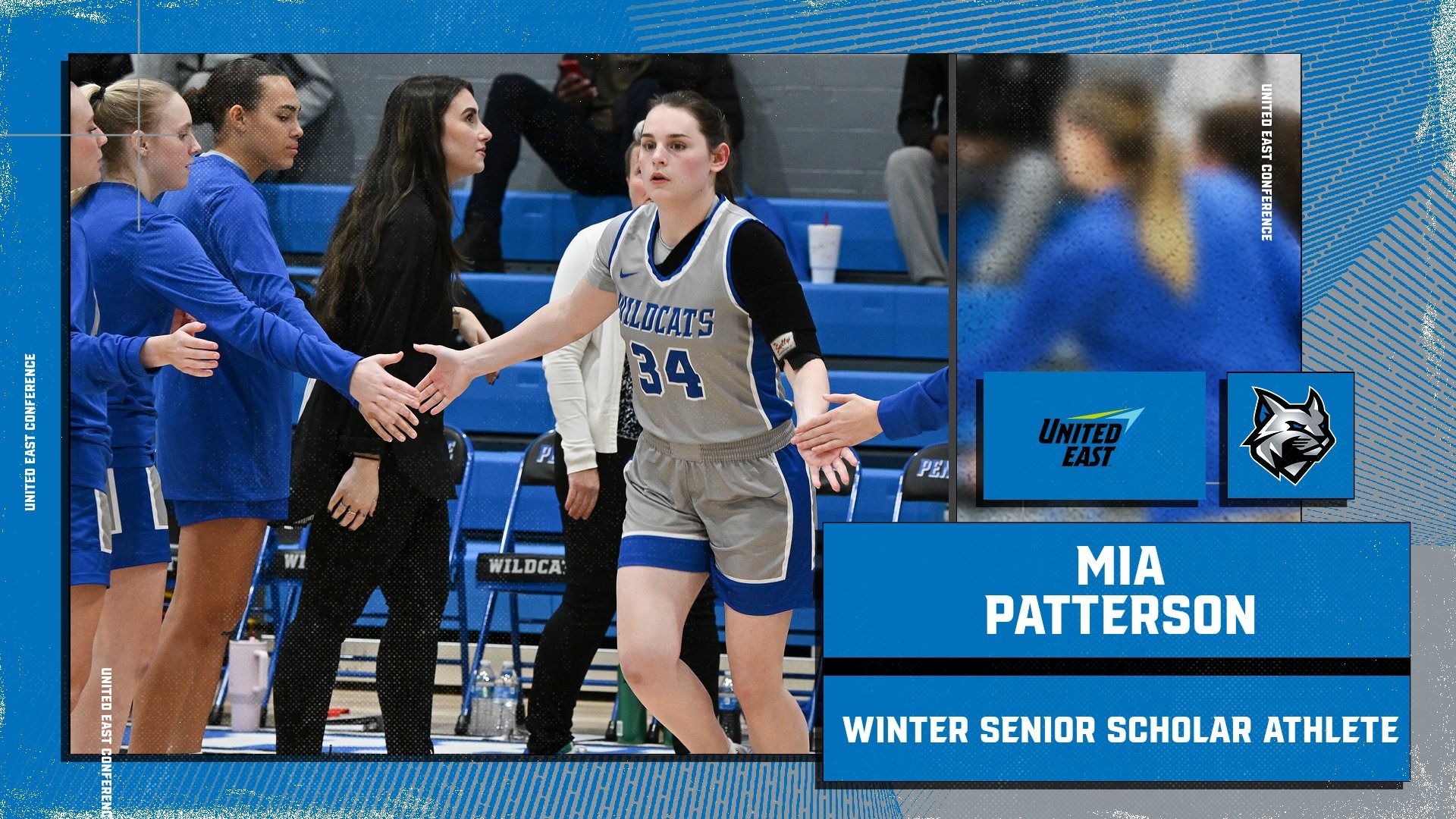 A Penn College women's basketball player running through her teammates high-fives during pregame introductions
