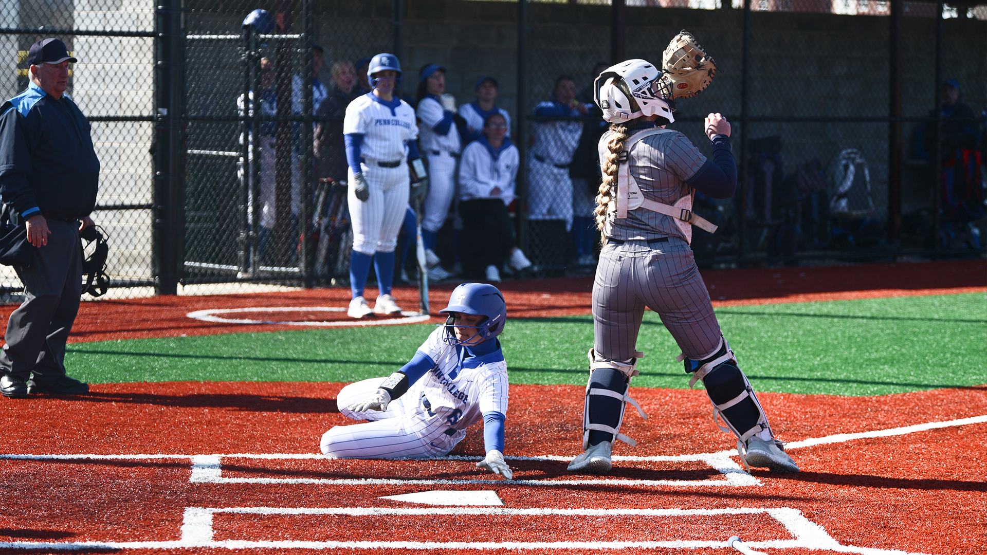 Penn College softball player in action during a doubleheader against Penn State Abington
