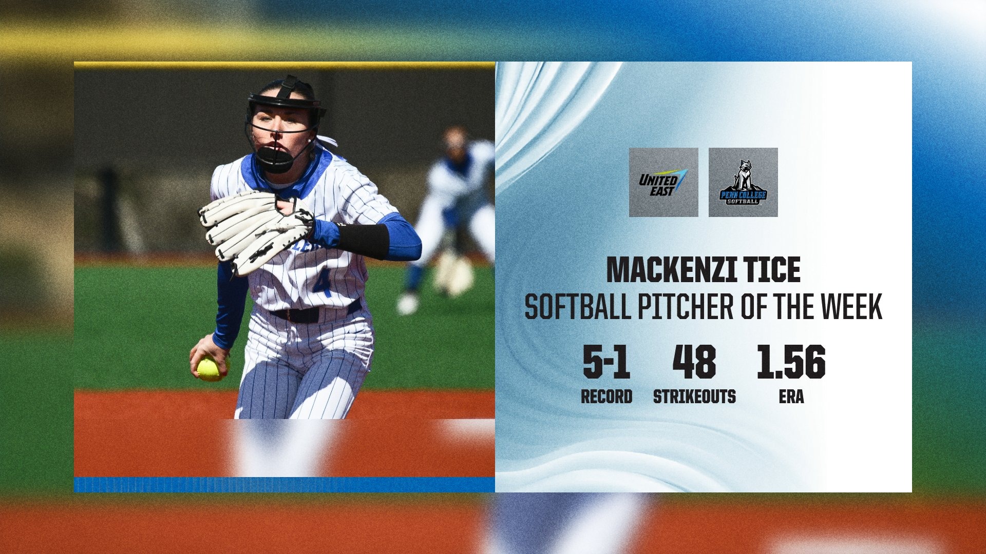 Conference pitcher of the week graphic featuring Mackenzi Tice's pitching stats