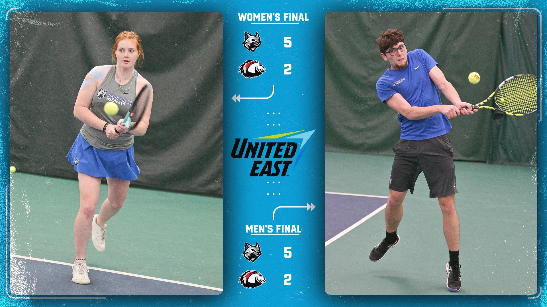 Penn College tennis players in action against Lancaster Bible in the final score graphic 