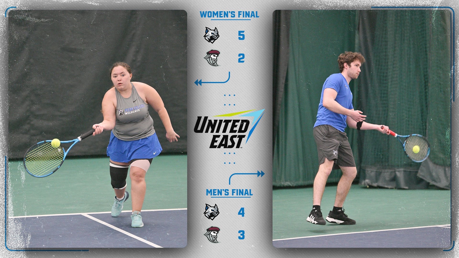 Two Penn College tennis players in action inside a final score graphic