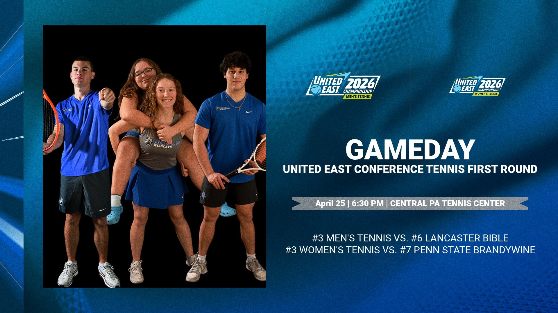 Penn College tennis players pose in a gameday graphic 