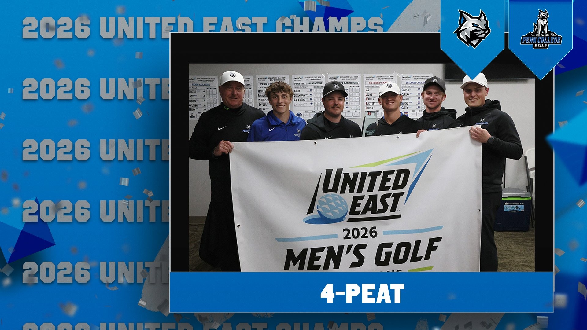 26 UE Golf: Photo of Golf team in front of banner