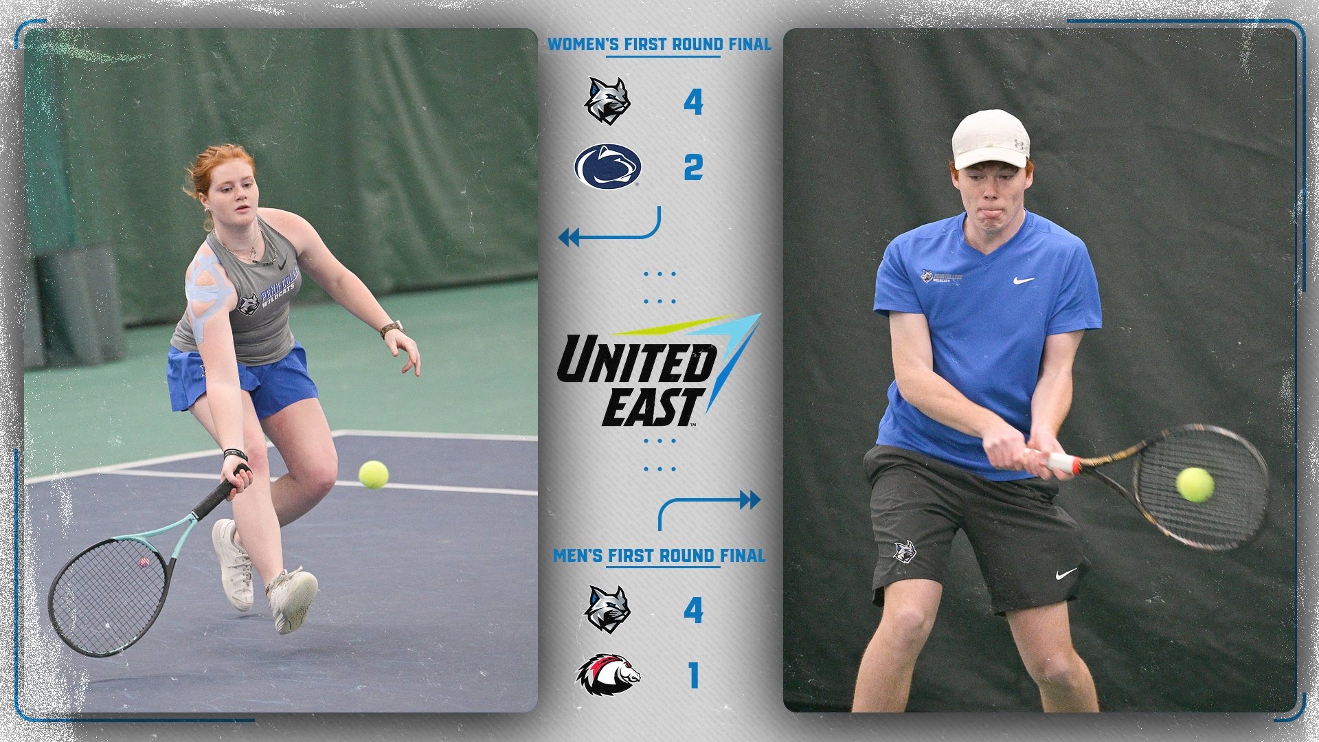 Penn College tennis players in action featued on a final score graphic
