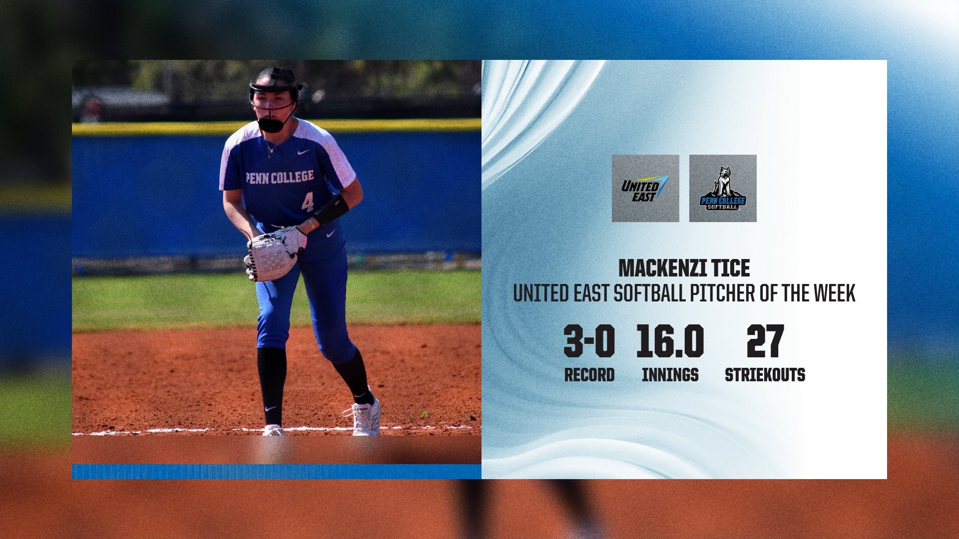 Penn Colleg softball pitcher featured on a player of the week graphic