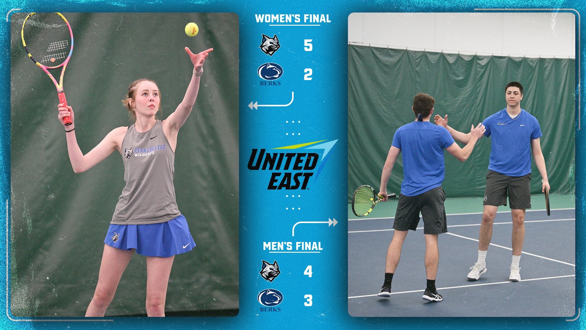 Penn college tennis players in action against Penn State Berks on a final score graphic
