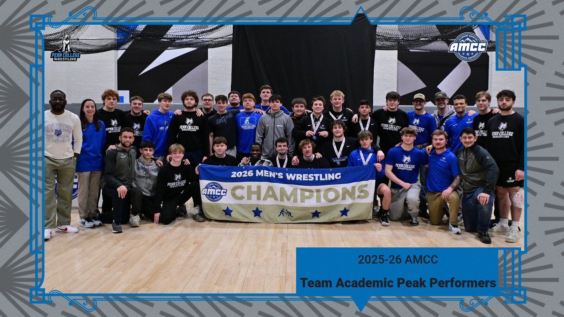 Penn College wrestling team photo in an amcc team peak academic performance graphic