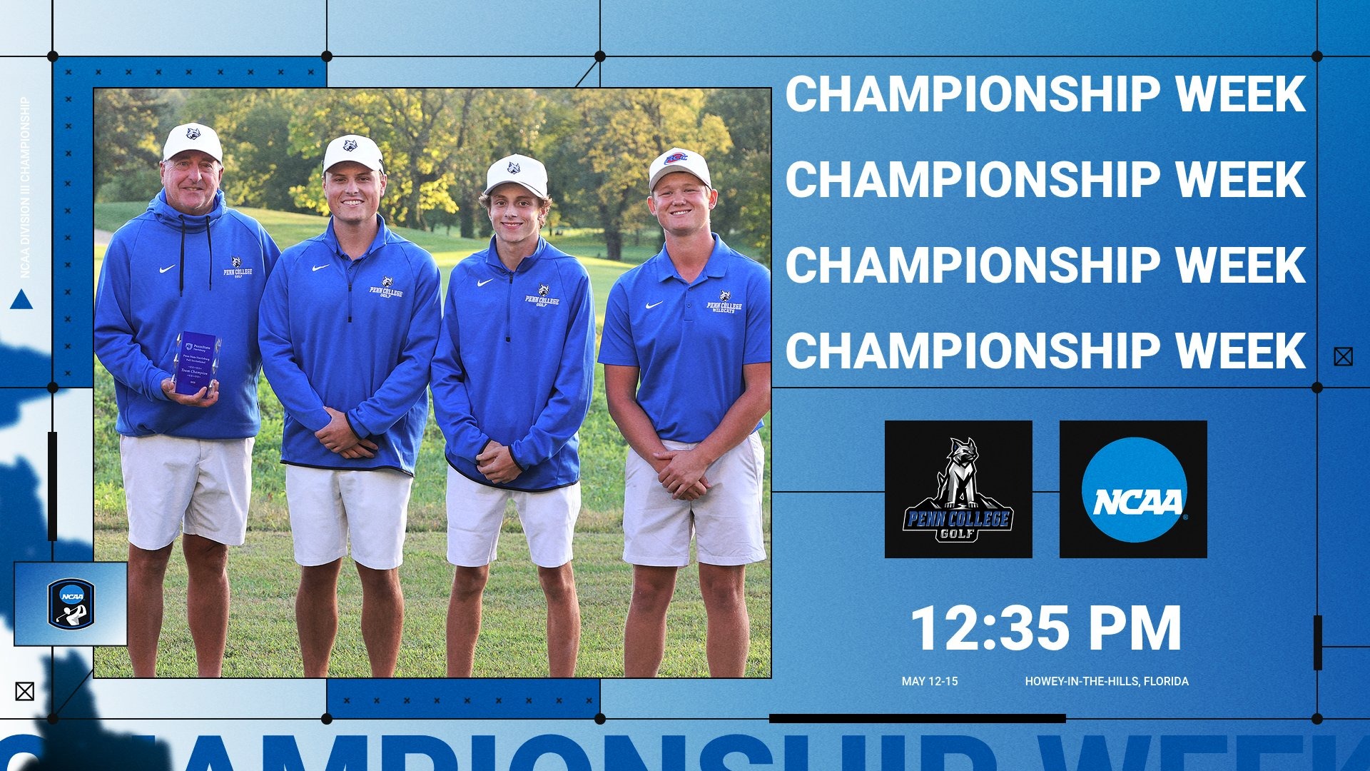 Penn college golfers and coach pose with a tournament trophy 