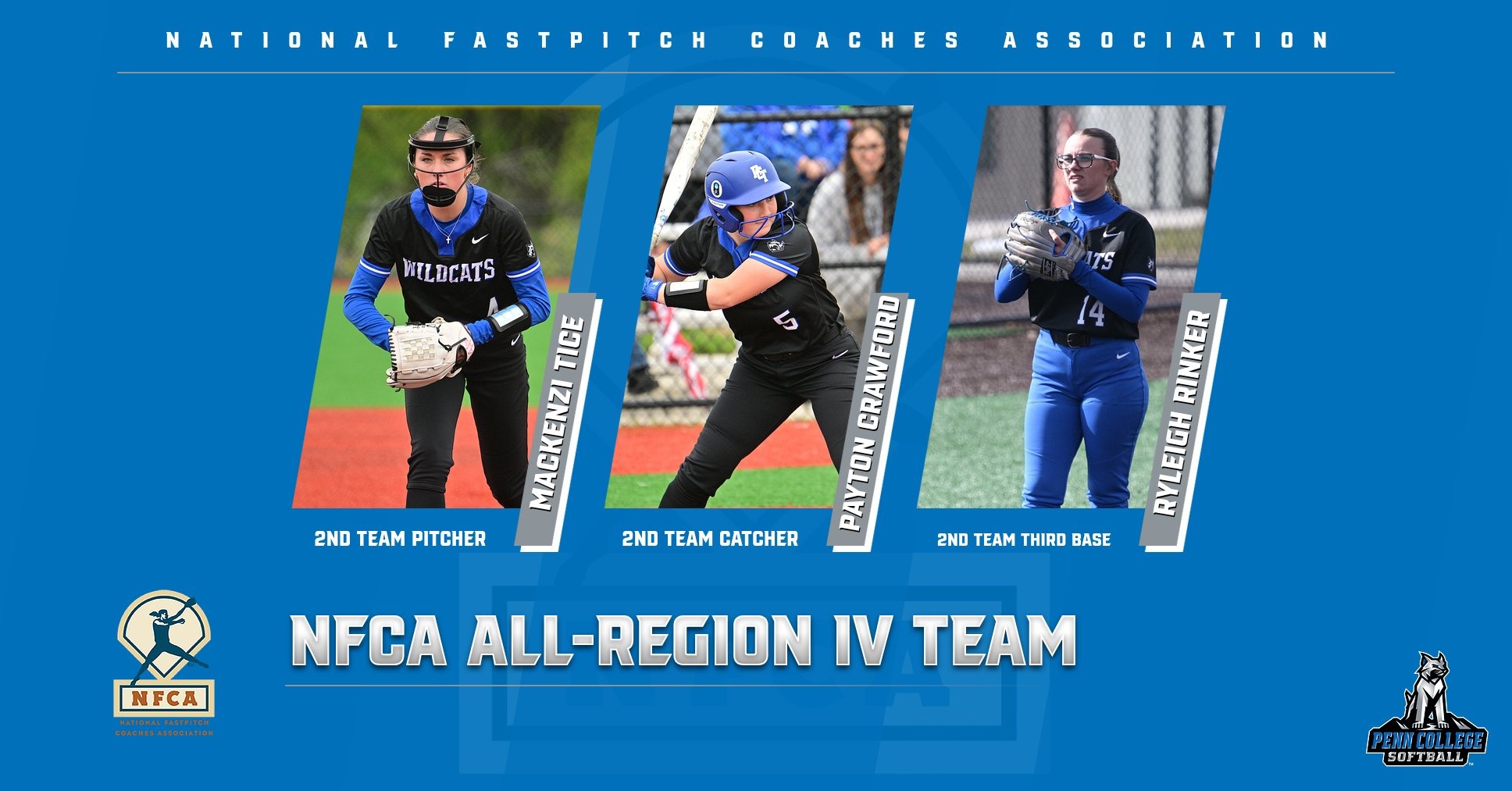 Three Penn College softball players featured on an All-Region graphic