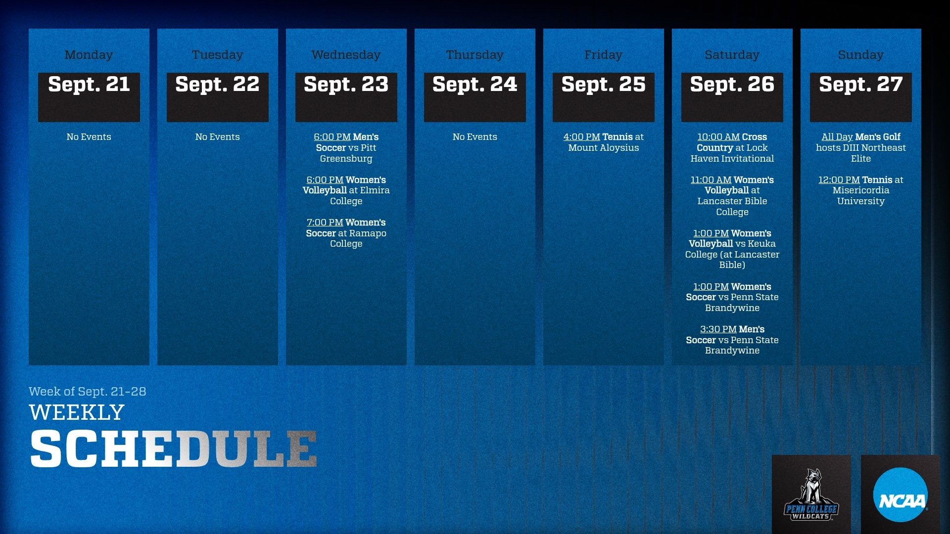 Penn College Athletics calendar for Sept. 21-28, 2026