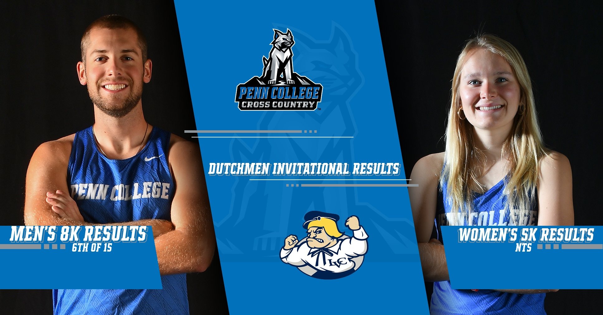 A blue cross country results graphic featuring Chase Ebeling and Elaina Brady 