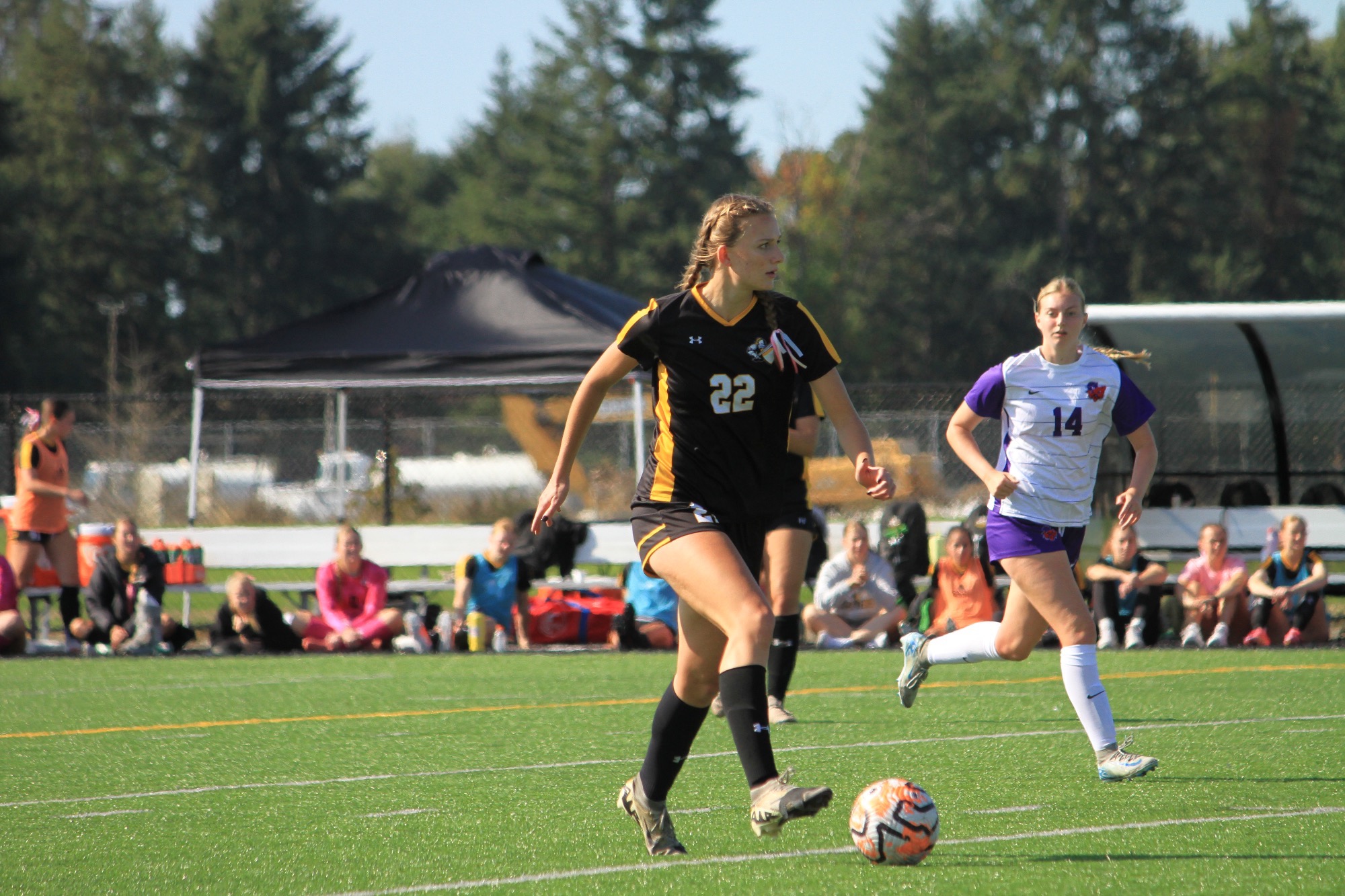Katelyn McDougal with the ball in 2-0 win over Linfield