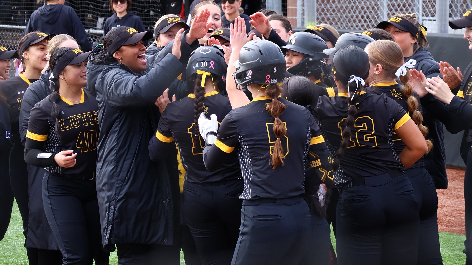 team celebration after HR in exhibition win over Warner Pacific