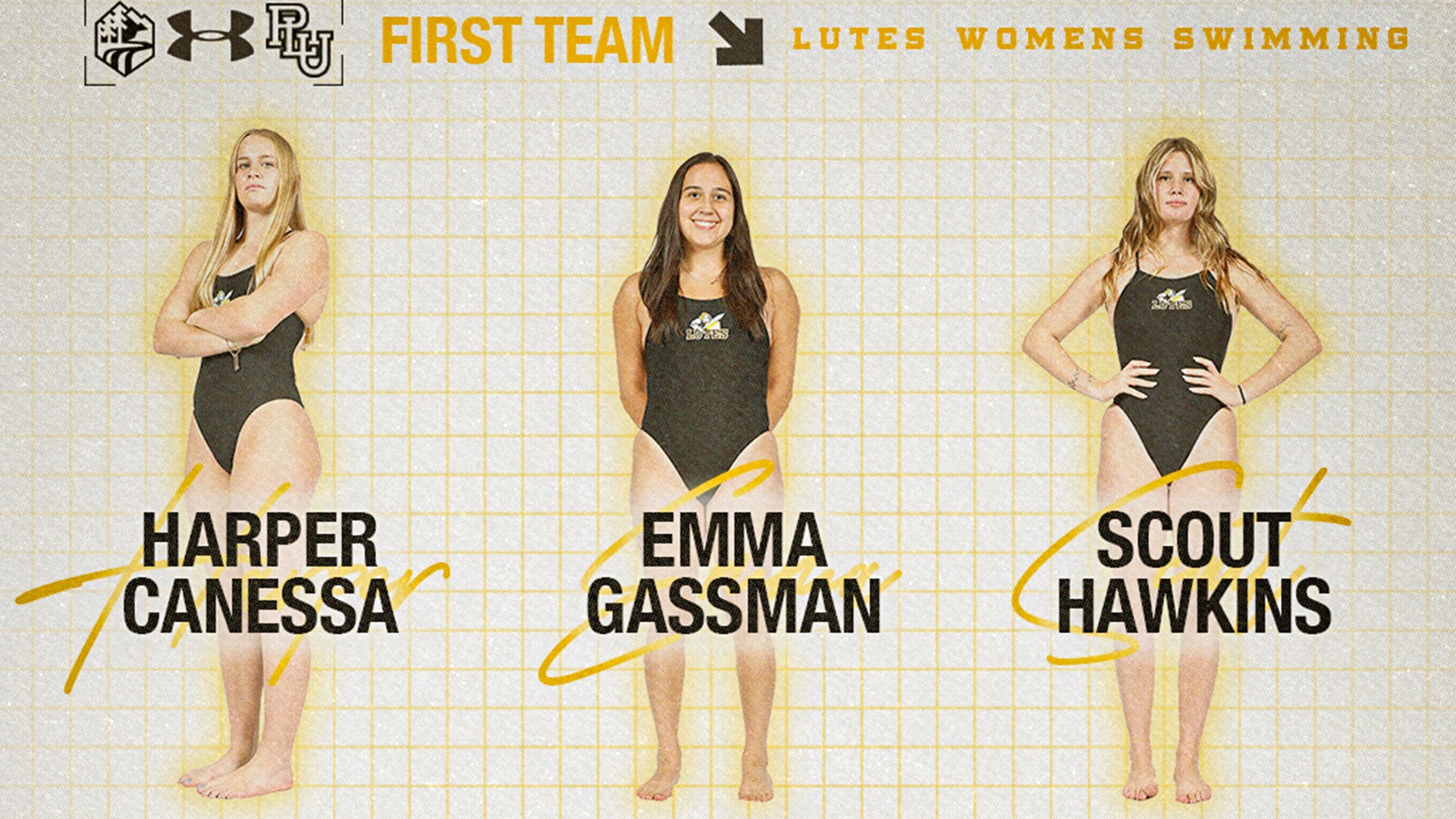 Lute women's swim 1st team all-conference winners Gassman, Canessa, Hawkins