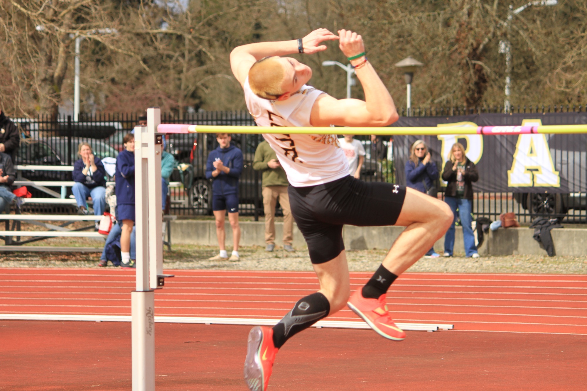 Bridger Hanis high jumping at the 2026 Brad Moore Invite