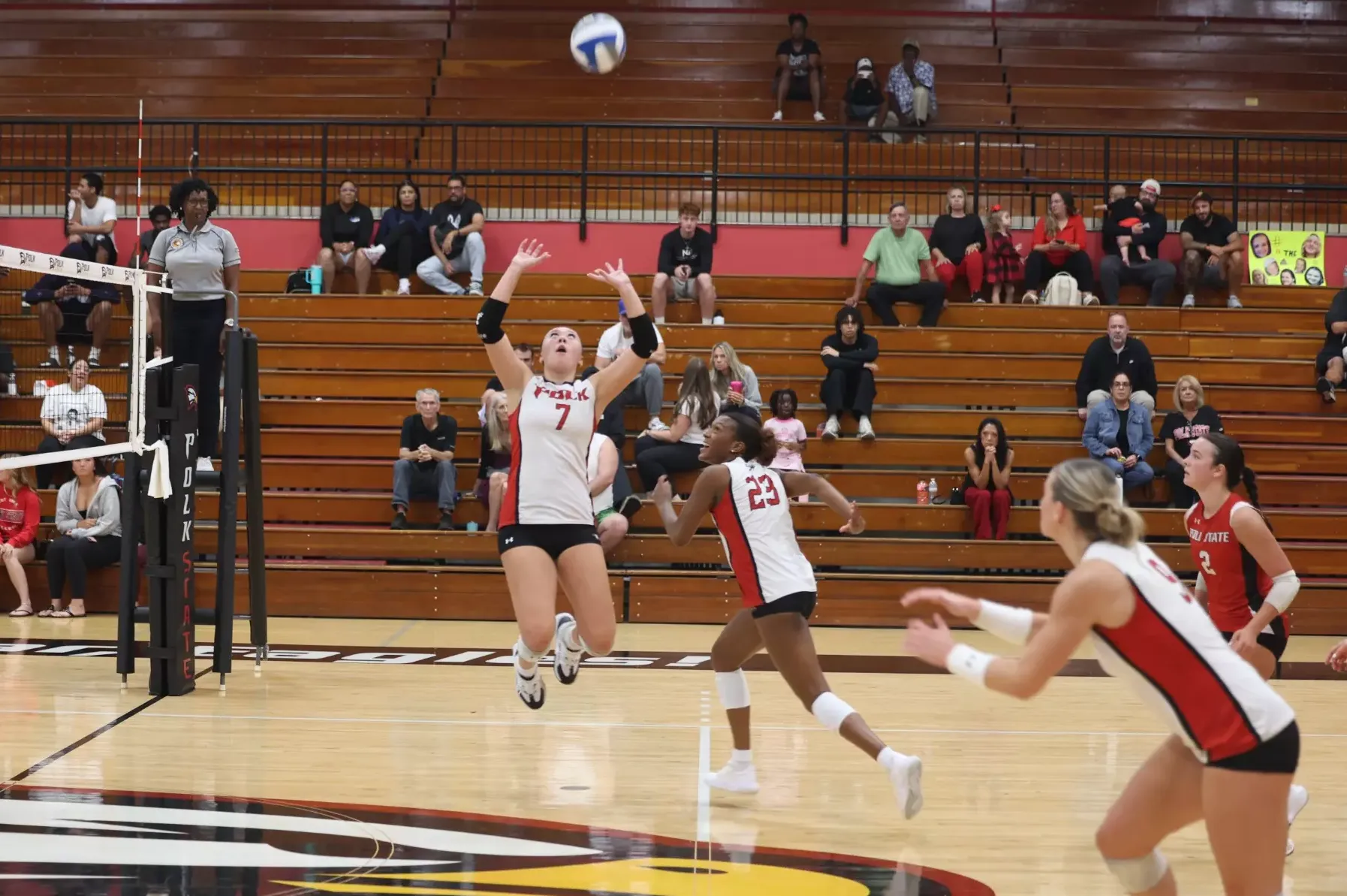 Jasmine Mahoney sets during Polk State Volleyball's home match against Miami Dade College on Sept. 23, 2026.