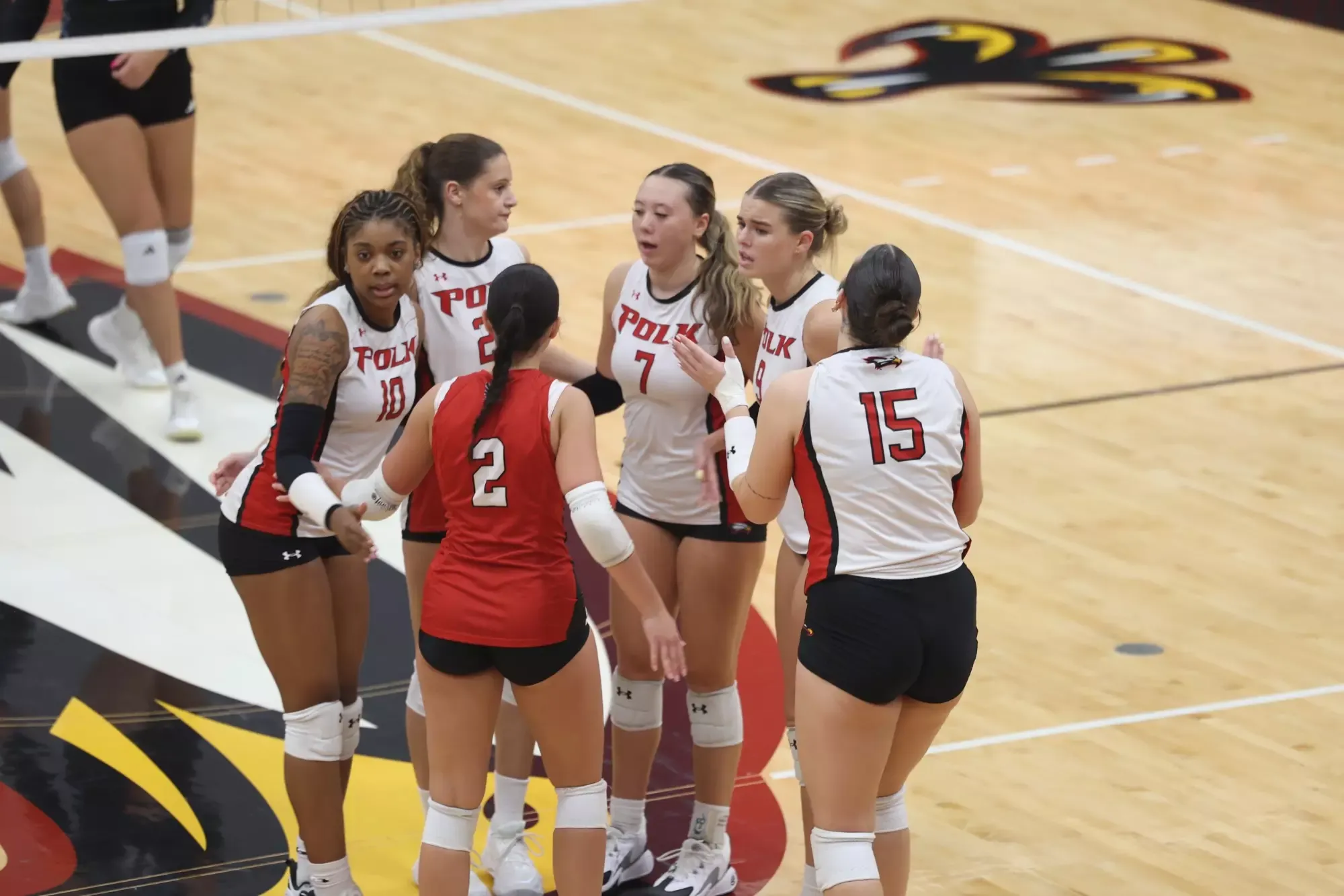 Players celebrate a point during Polk State Volleyball's home match against Miami Dade College on Sept. 23, 2026.