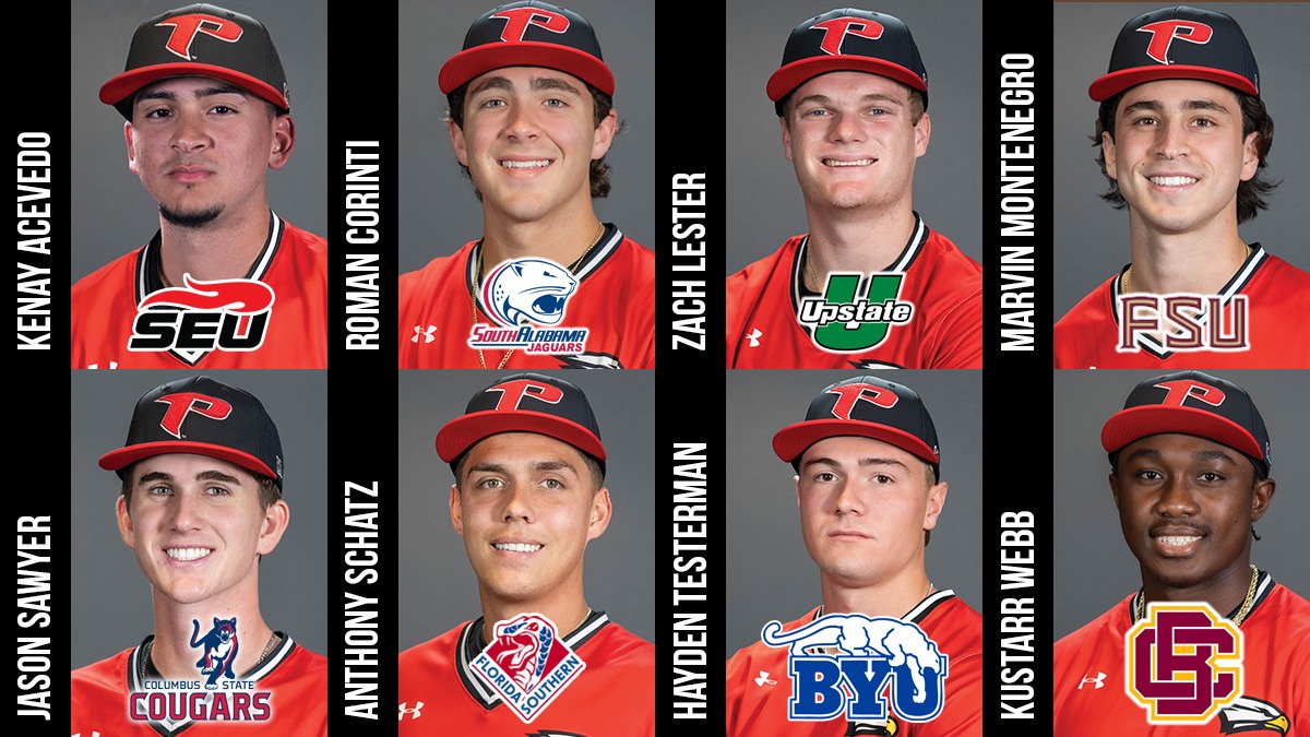 Polk State Baseball's four-year signees for 2026 with headshots and team logos from their new programs