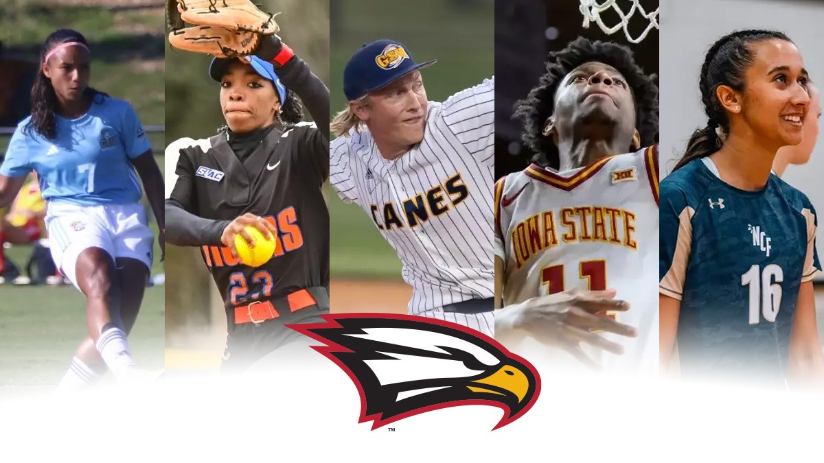Graphic shows the Polk State logo with five photos, one from each sport, of former Polk State players to shine at their new programs.