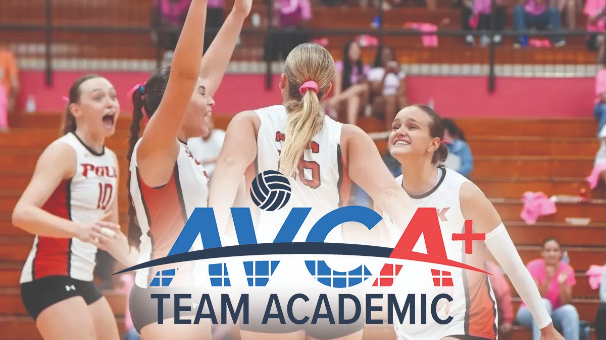 A graphic with Polk State Volleyball players and the AVCA logo