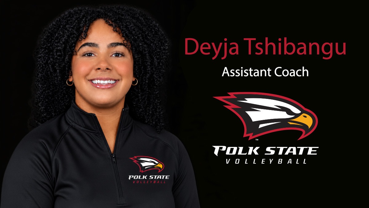 Graphic with head shot, Polk State Volleyball logo and text introducing Deyja Tshibangu as an assistant coach