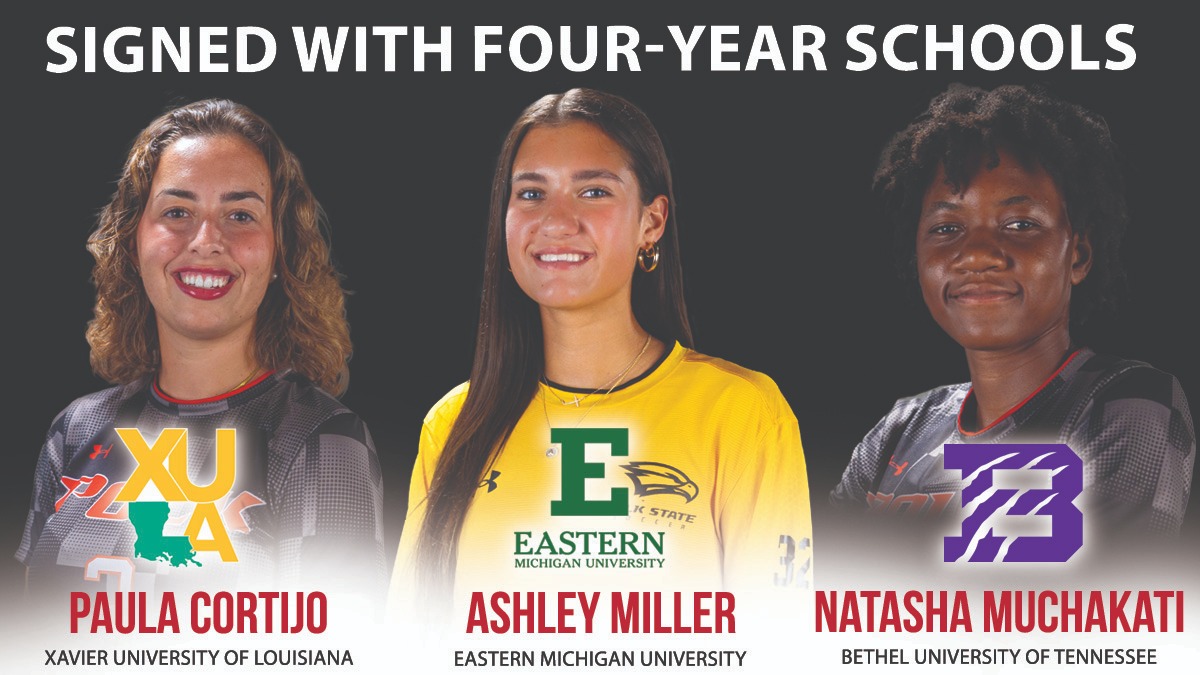 Graphic shows three Polk State Soccer players with logos for the four-year programs they're signing with