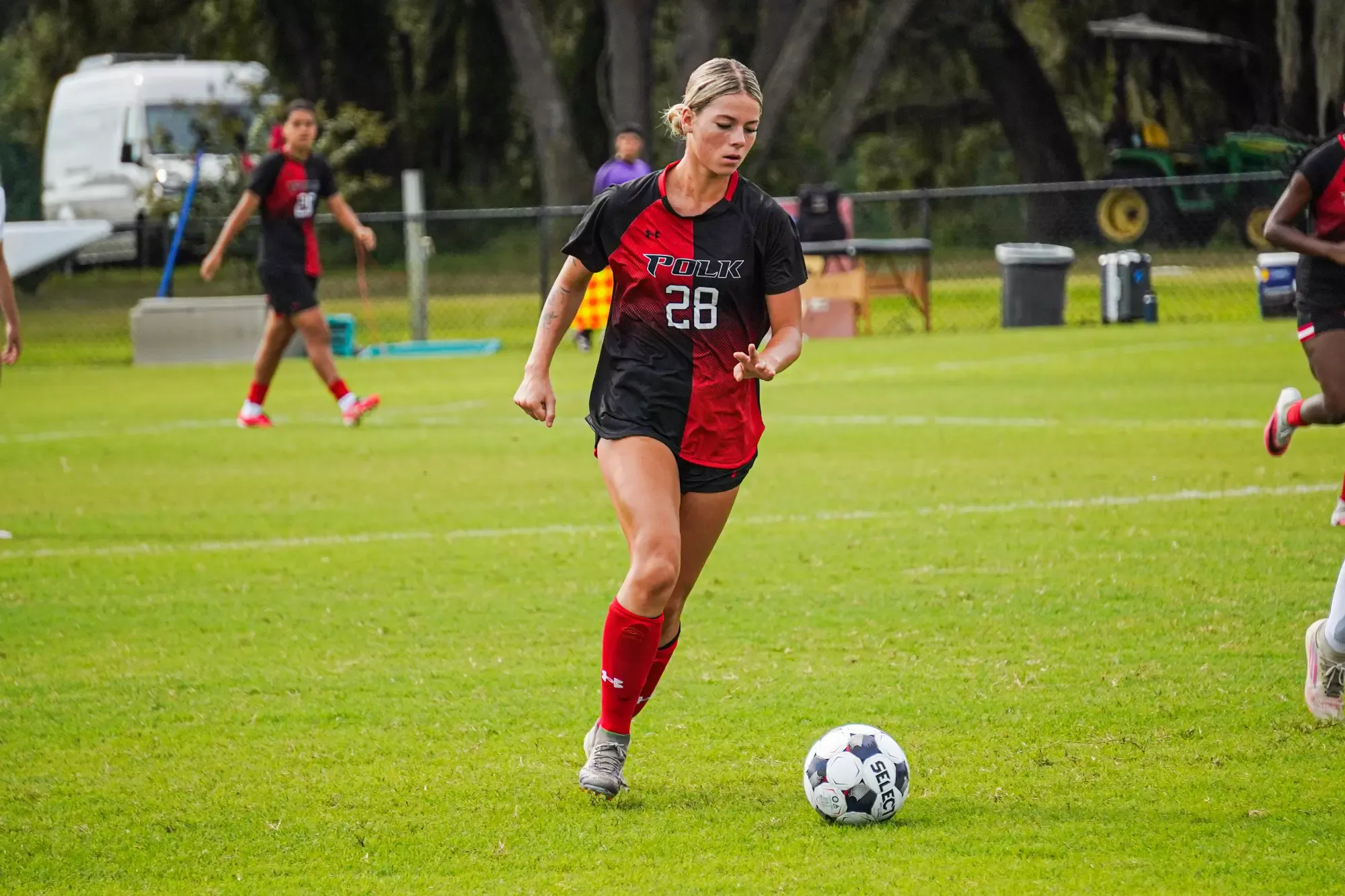 Jaycie Noble attacks for Polk State Soccer against Central Georgia Technical College on Aug. 23, 2026.