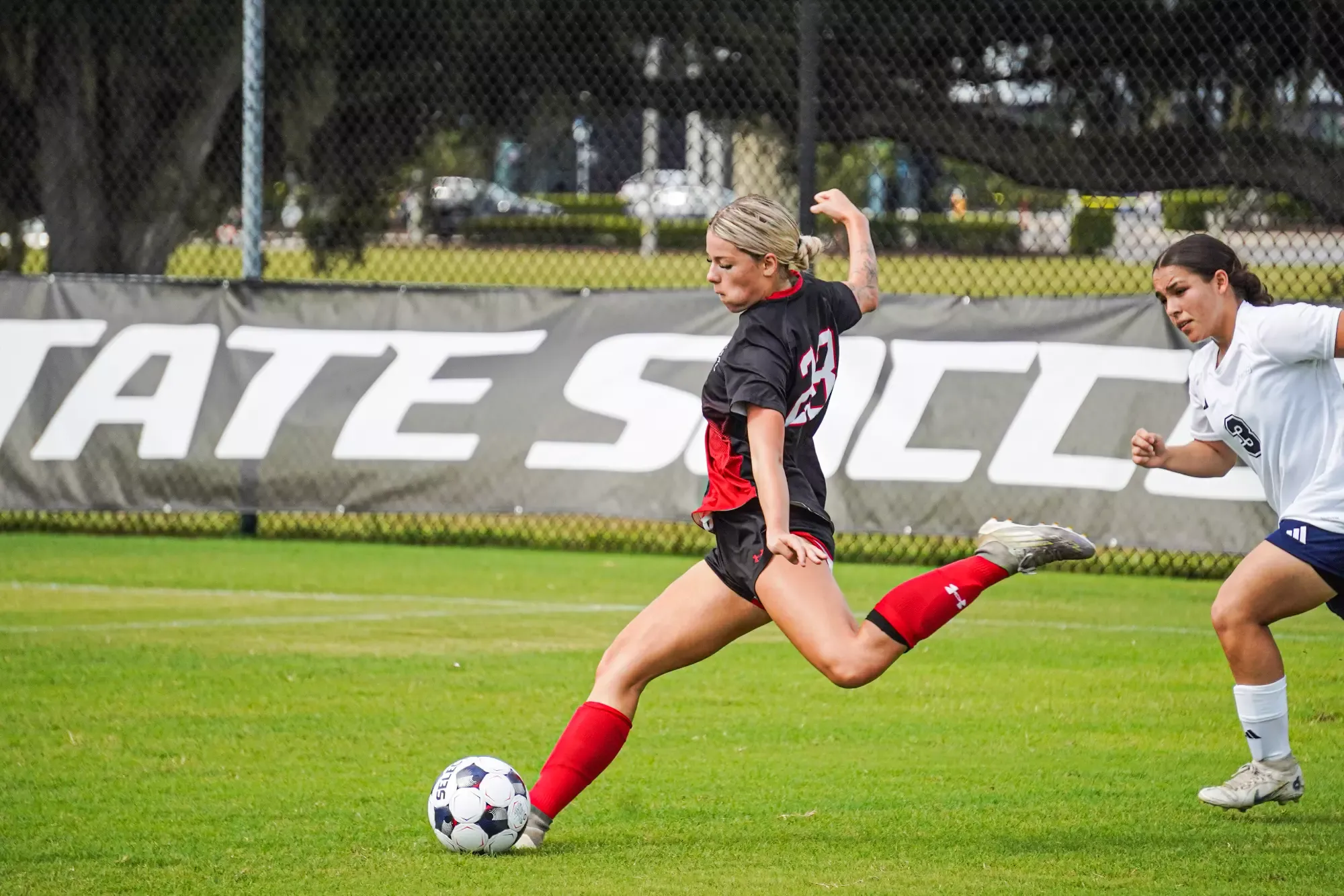 Jaycie Noble attacks for Polk State Soccer against Central Georgia Technical College on Aug. 23, 2026.