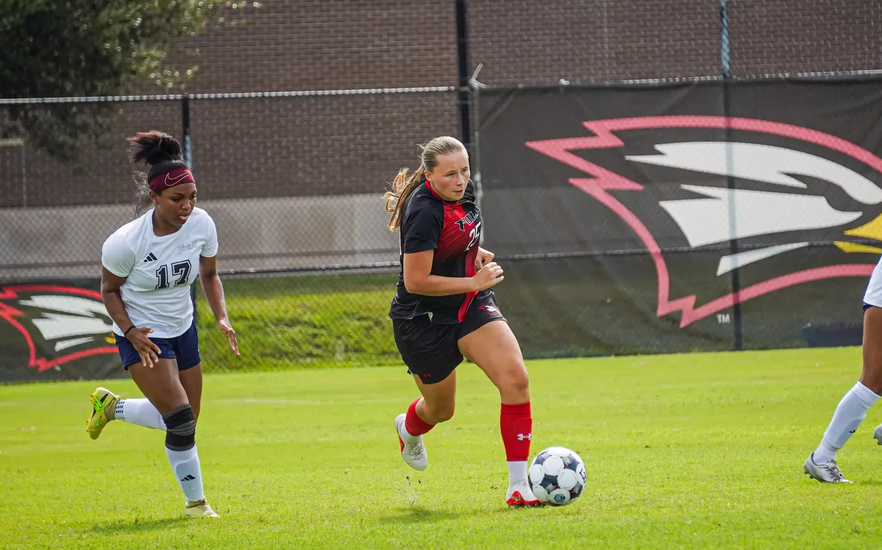 Riley Whale pushes the ball for Polk State during a match vs. Central Georgia Technical College at Polk State Soccer Field in Lakeland, Fla. on Aug. 23, 2026.