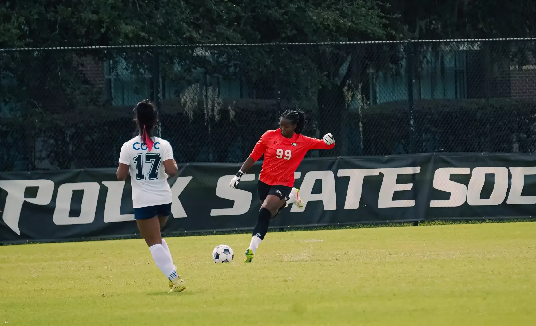 Sofia Zapata clears the ball during Polk State Soccer's match vs. Central Georgia Technical College at Polk State Soccer Field in Lakeland, Fla. on Aug. 23, 2026.