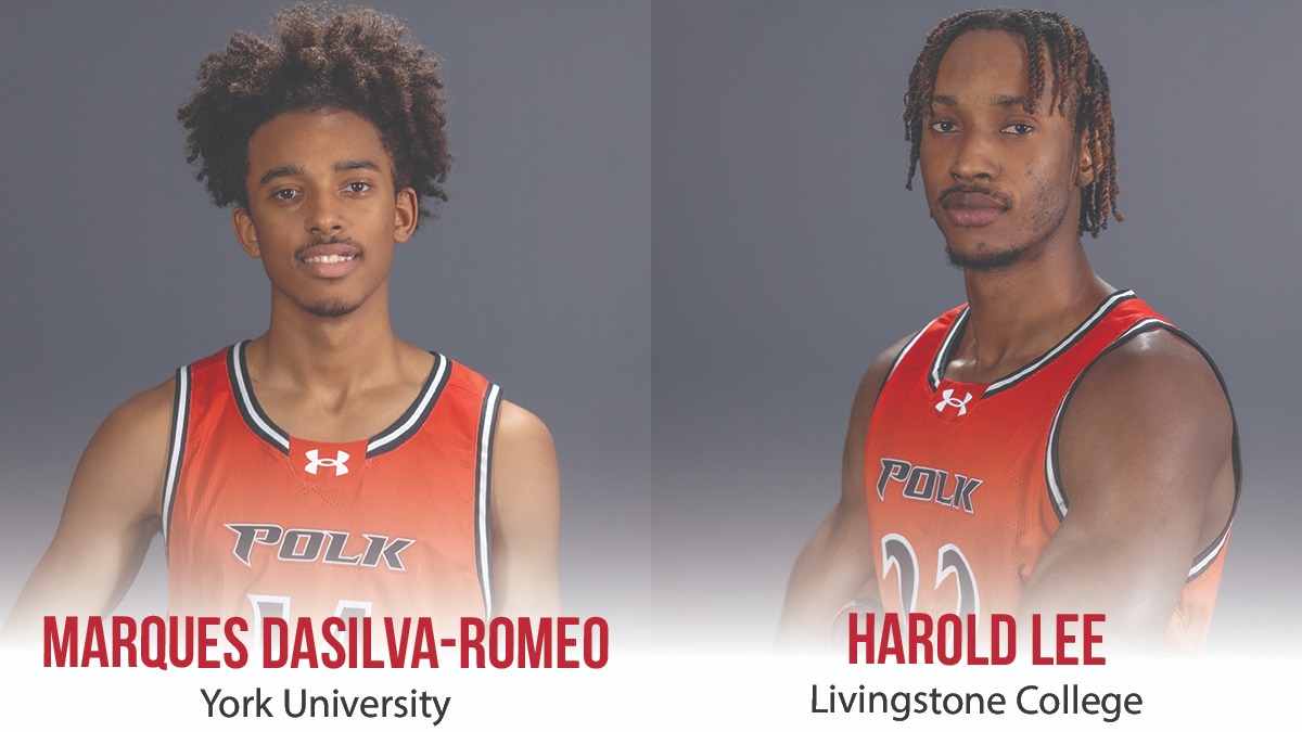 Photo that shows Polk State Basketball players Marques DaSilva-Romeo and Harold Lee and text with the schools where they've signed.
