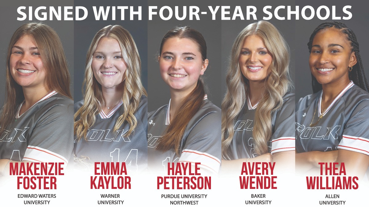 Graphic that shows five Polk State Softball players with text stating the four-year programs they've signed with
