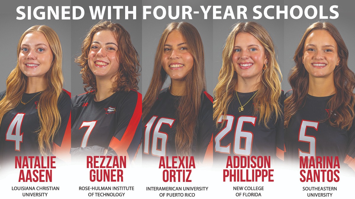 Graphic shows Polk State Volleyball players and lists schools they're signing with for 2026
