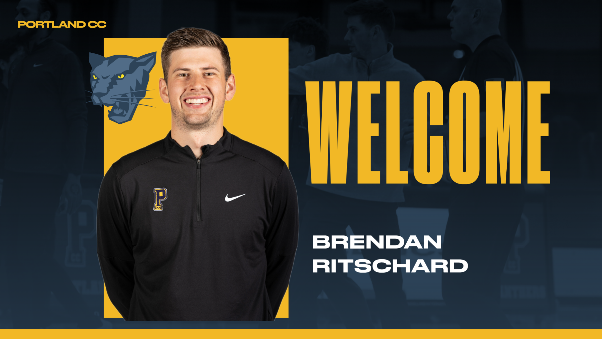 Graphic of PCC welcoming Brendan Ritschard as head men's basketball coach