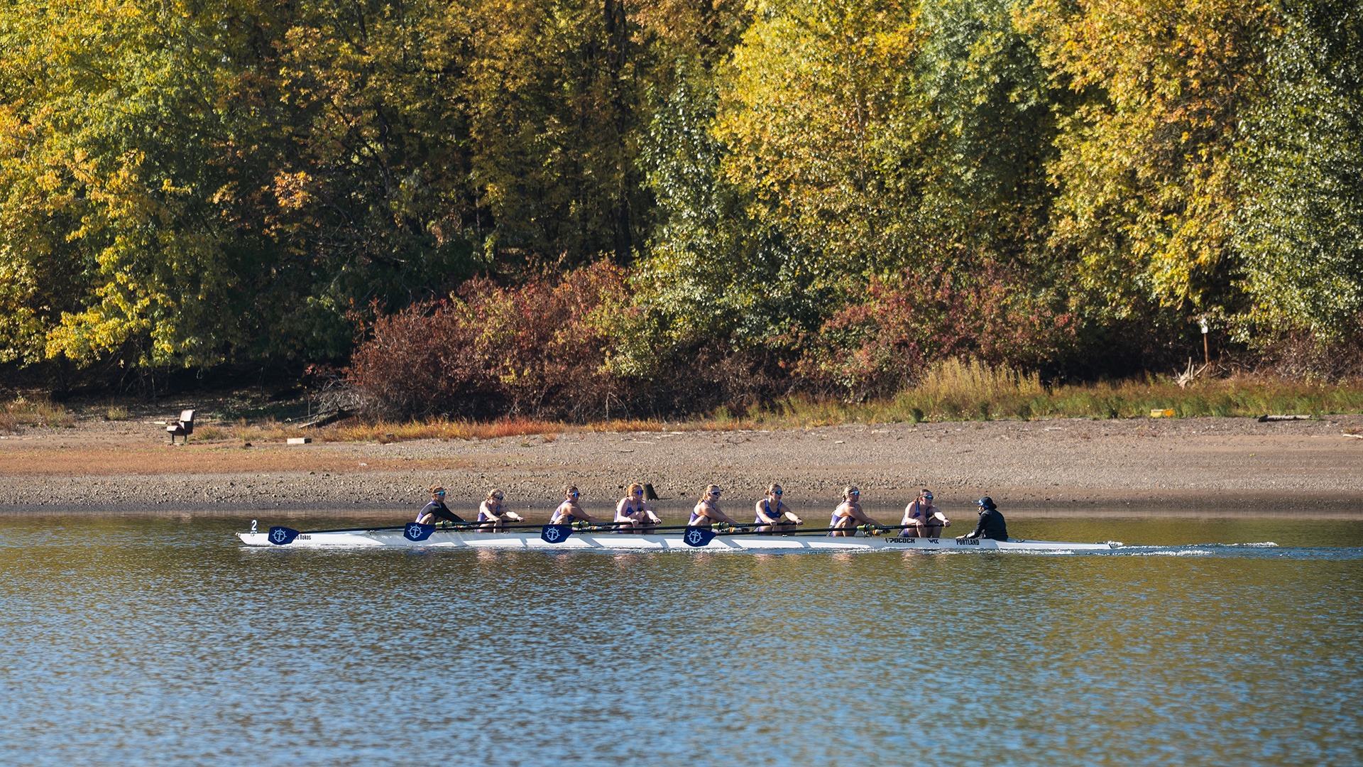 The collegiate eight out on the water at the Charlie Brown Regatta.