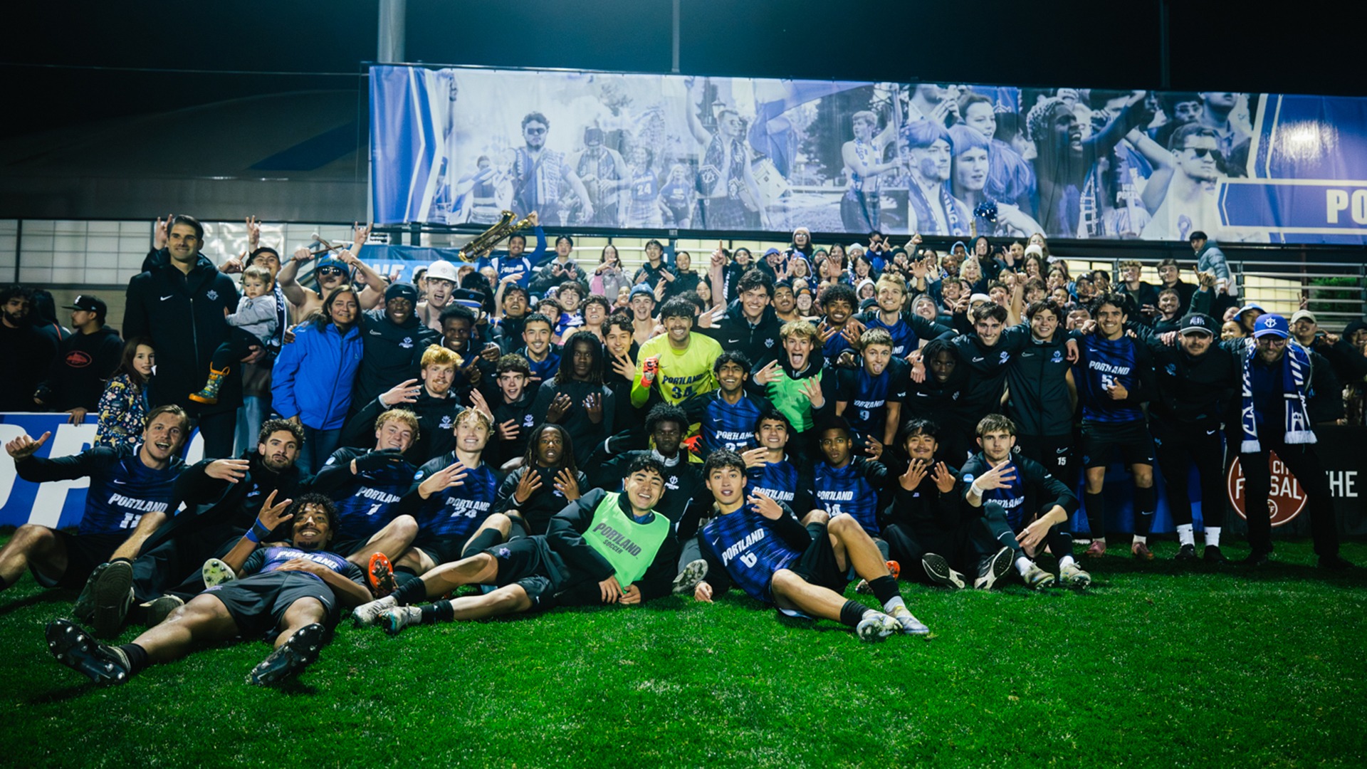 Portland Men's Soccer gathers for a team photo after their win in the second round of the 2025 NCAA Tournament over Denver.