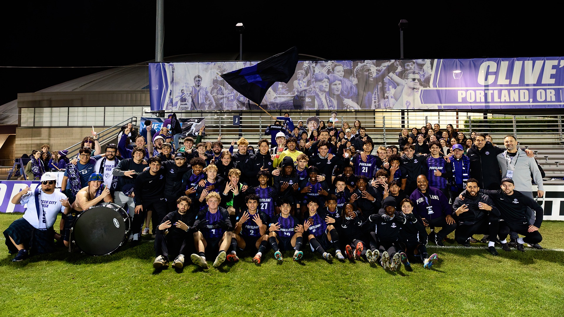 The Pilots celebrate their third-round win over Grand Canyon.