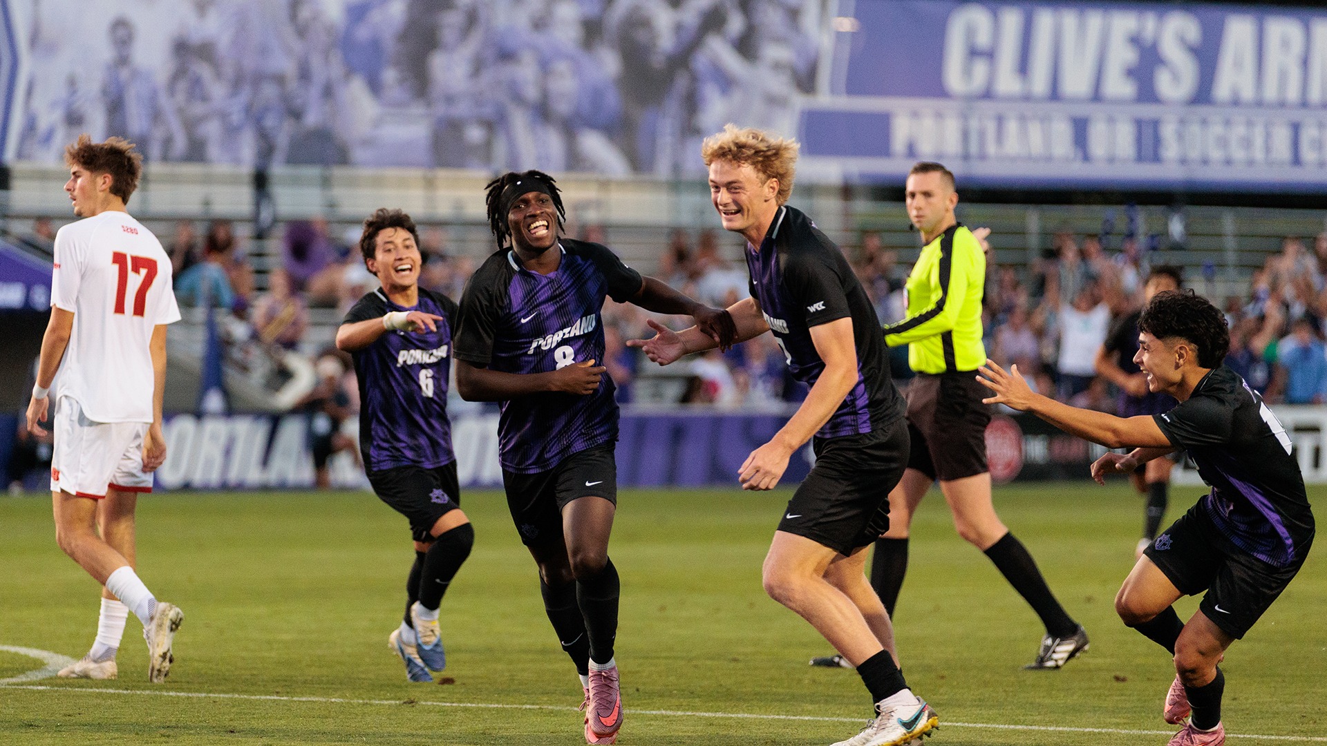 Efetobo Aror celebrates his goal against Denver.