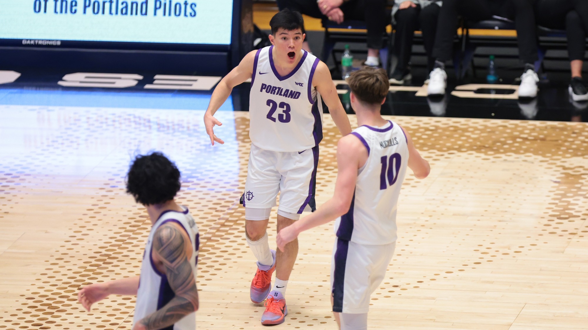 Joel Foxwell celebrates on court with teammates during a timeout of Portland's home win against Oregon State.